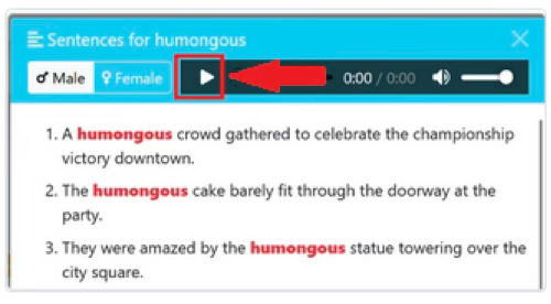 Sentences panel with audio player